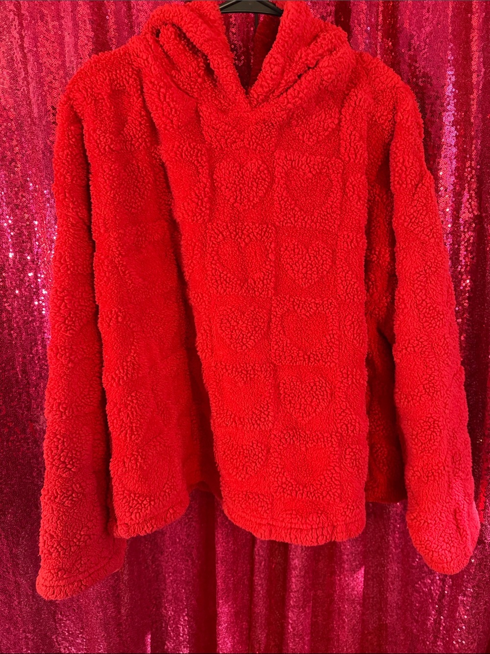 Women's Red Sherpa Hoodie Pullover - Plush Cozy Sweater